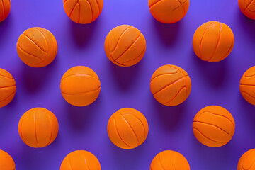 Pattern of arranged orange basketballs with basketball text on purple background sports equipment concept