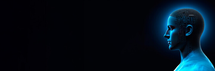 Virtual Digital head of Artificial Intelligence (AI). deep learning concept. Hologram. Head silhouette hologram on black background, copy space banner