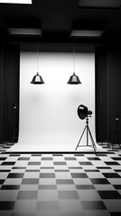 Canvas Print - Black and white Interior, spacious room with Photophones, photo zones, Flashes, Artificial light near the wall, Photo studio for photo shoots.