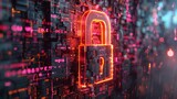 Fototapeta Konie - A highly detailed image of a metallic padlock symbol overlaying a glowing digital screen, filled with lines of code.