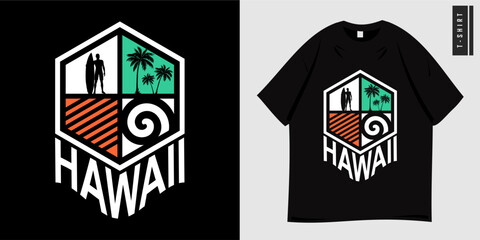 Wall Mural - Summer Surf Hawaii graphic t-shirt design. Symbol of palm trees and beach waves, surf, island paradise. Perfect for surfing and holidays. Ready to print clothes, tees and posters. Vector illustration.