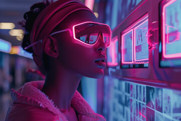 Wall Mural - futuristic online shopping technology, females wear visual with pink neon backlights, buying online.