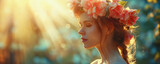 Fototapeta Panele - Beautiful stylish creative summer background. Spring fashion portrait of a woman with flowers and butterflies on her head and in her hair.  Female beauty concept
