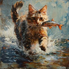 Wall Mural - cat on the beach. The cat is running through the water with the fish . generative ai