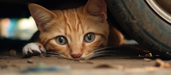 Wall Mural - A domestic shorthaired cat, a small to mediumsized carnivorous felidae, with fawncolored fur, whiskers, and a snout is hiding under a tire and making eye contact with the camera