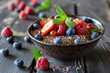 Buckwheat chocolate porridge in a bowl with fruit on a wooden table.  Blueberries and raspberries on the table.