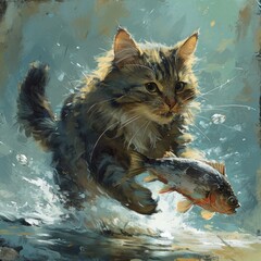 Wall Mural - cat on the beach. The cat is running through the water with the fish . generative ai