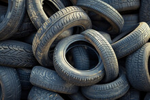 Pile Of Discarded Old Tires And Rims In A Warehouse Storage Area, Closeup Photo