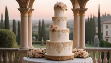 A Magnificent Wedding Cake Adorned With Cascading Sugar Drapes And Delicate Floral Motifs, Softly Lit Against The Backdrop Of A Charming Italian Villa Enveloped In The Tranquil Hues Of Early Morning.