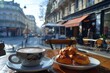 Morning Coffee and Croissants on Parisian Terrace. Cozy Parisian street-side cafe scene with a fresh cup of coffee and flaky croissants on a sunny morning.