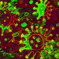 Wall Mural - T-Cells. Green Cartoon Germ. Yellow Blood Cells