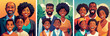 Happy African American family smiling portrait. Flat vector illustration Set