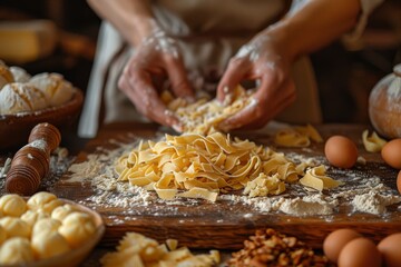 An artisanal process of making fresh pasta by hand, giving a sense of tradition and culinary craftsmanship