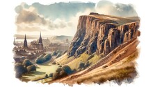 Watercolor Landscape Of Salisbury Crags In Edinburgh