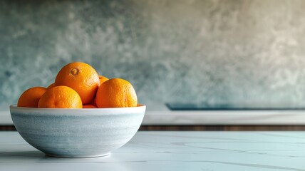 Wall Mural - Fresh oranges in a ceramic bowl on a marble countertop, kitchen still life