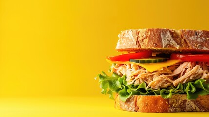 Wall Mural - Layered turkey sandwich on a bright yellow background, a lunchtime feast