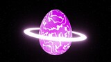 Fototapeta Przestrzenne - 3d abstract glittering particles glowing pink Easter egg symbol with glowing white hoop in space isolated black. Futuristic planet in cosmos. Y2k retro.