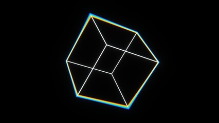 3d abstract futuristic lens distortion VFX black and white retro wireframe grid cube. 80s 90s geometric math isolated black background.. Simple 4 side shape. Rotating in space