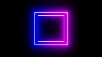 Wall Mural - 3d abstract futuristic blue and pink neon retro wireframe frame door grid cube. 80s 90s geometric math isolated black background.. Simple 4 side shape. Rotating in space