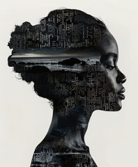 Wall Mural - drawing of a woman's head made entirely of words and letters, the words and letters form the woman's head, illustration made on paper