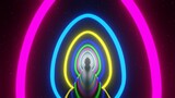 Fototapeta Przestrzenne - 3d abstract colorful blue pink yellow Easter egg neon glowing laser tunnel. Futuristic sci-fi circles in space black background, digital retro y2k moving shape