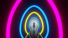 3d Abstract Colorful Blue Pink Yellow Easter Egg Neon Glowing Laser Tunnel. Futuristic Sci-fi Circles In Space Black Background, Digital Retro Y2k Moving Shape