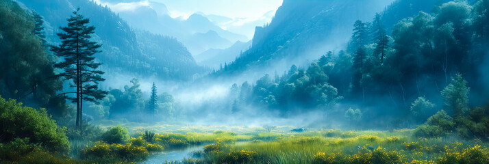Wall Mural - foggy meadow. enchanting sunrise