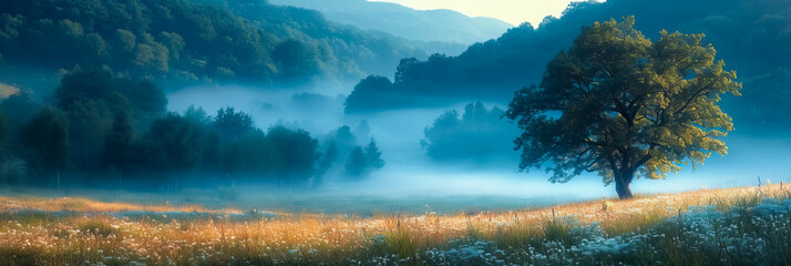 Wall Mural - Foggy Meadow. Enchanting Sunrise