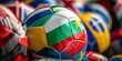 Soccer ball encircled by various national flags, unity in competition.