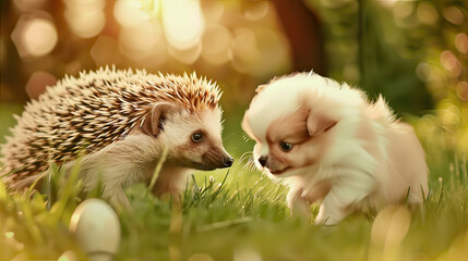 Wall Mural - Hedgehog and little puppy in the grass
