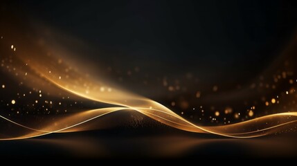 Poster - Horizontal Luxurious Black background with golden curved smooth wavy lines, glitter, sequins for the presentation of your Products, Cosmetics Advertising, Layout for Text, Copy space.