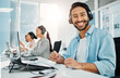 Call center, customer support and portrait of man on laptop for consulting, networking and online help in office. Telemarketing, communication and happy worker for CRM business, service and sales