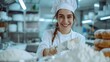 Professional baker inspecting flour quality in an industrial kitchen