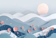 Peaceful Blue And Pink Paper Art Landscape With Delicate Floral Elements, Capturing The Tranquility Of A Sunset Scene.