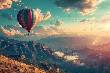 beautiful inspirational landscape with hot air balloon flying in the sky, travel destination