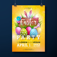 Wall Mural - Easter Party Flyer Illustration with Painted Eggs, Rabbit Ears and Flowers on Nature Yellow Background. Vector Spring Religious Holiday Celebration Poster Design Template for Banner or Invitation.