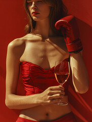 Wall Mural - A boxing glove, a female arm, holding a wine glass, in the middle of the picture, red background, self-lighting background, top spotlight, real photography, fine detail