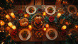 Top, high angle view of Christmas family dinner table. Family together, Christmas celebration concept  