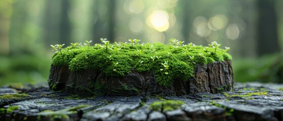  On a blurred forest background, green moss covers a stump. The product is displayed. Free space for design. Natural cosmetics concept. Wide banner. Website header. Wildness, ecology, freshness,