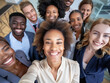 © Steve - Multicultural happy people taking group selfie portrait in the office, diverse people celebrating together, Happy lifestyle, start-up and teamwork concept