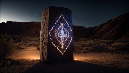 arcane sigil on a desert monolith, magical symbols