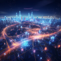 Poster - Holographic city map with futuristic transportations