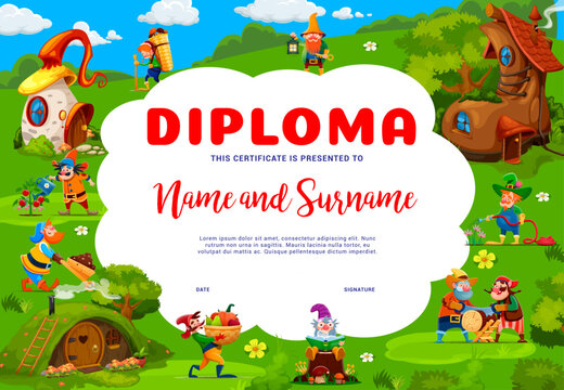 Kids diploma, cartoon garden gnome and dwarf characters in fairytale village, vector education certificate. Little dwarf farmers and gnome gardener in fairy tale village for kids diploma background