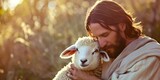 Fototapeta  - Jesus Christ Tenderly Holding a Lamb with a Sense of Protection and Care, with Copy Space