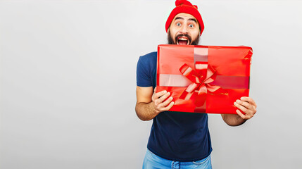 Canvas Print - A man holds a huge gift in his hands
