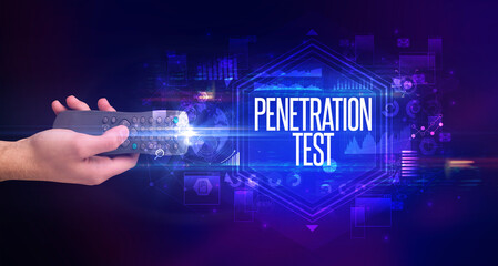 Poster - hand holding wireless peripheral, cyber security concept
