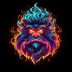 Wall Mural - Colorful Troll Warrior Mascot Isolated on Black Background. Scary Monster Illustration for T-shirt Design