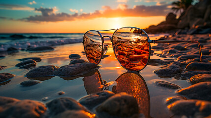 Canvas Print - sunglasses on the evening beach at sunset