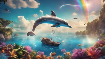 Wall Mural - dolphins in the sea A fantasy dolphin jumping near a  boat, with clouds, rainbows, and birds.  