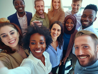 Wall Mural - Multicultural happy people taking group selfie portrait in the office, diverse people celebrating together, Happy lifestyle, start-up and teamwork concept